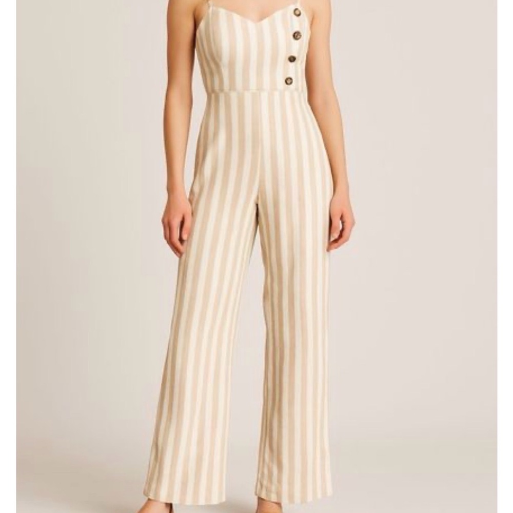 Japna Stripe Wide Leg Jumpsuit XS Tan White Square Neck Culotte Coastal Boho